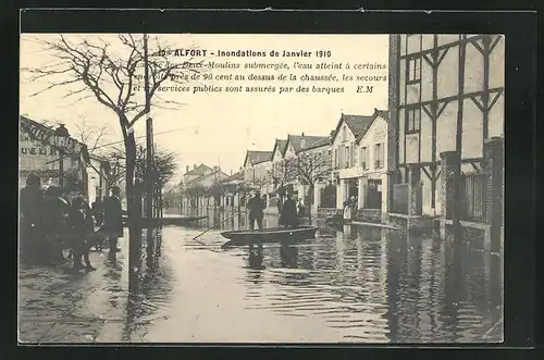AK Alfort, Inondations de Janvier 1910, La rue des Deux Moulins submergée, Hochwasser