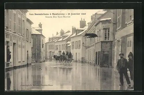 AK Montereau, Grande Rue Saint-Maurice beim Hochwasser