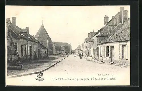 AK Domats, Le rue principale, l`Église et la Mairie