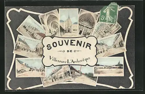 Passepartout-AK Villeneuve-l`Archeveque, Ortsansichten mit Strassenmotiv und Kirche