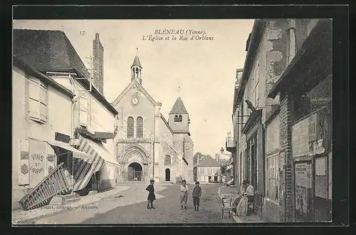 AK Bléneau, L'Eglise et la Rue d'Orleans