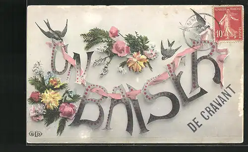 AK Cravant, Un Baiser mit Blumen und Vögel