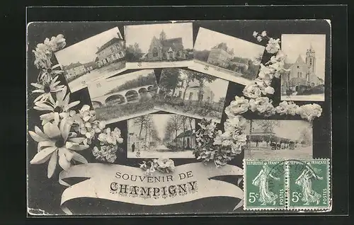 AK Champigny, Kirche, Brücke, Ortspartie