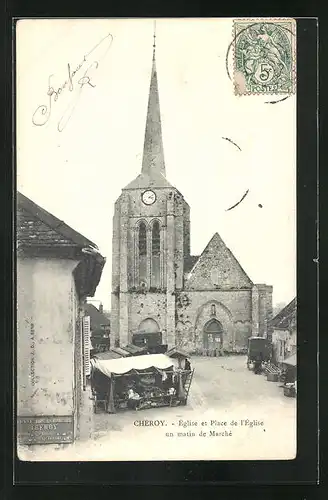 AK Chéroy, Église et Place de l`Église un matin de Marché