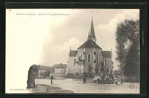 AK Joigny, Eglise et Place publique d`Egleny, Personnes et Fontaine