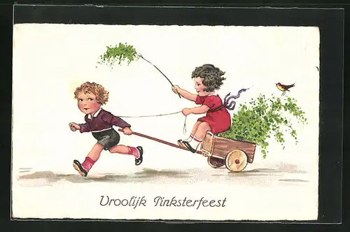 AK Junge zieht den Wagen mit dem Mädchen und den Pfingstbäumen, Vroolijk Pinksterfeest!