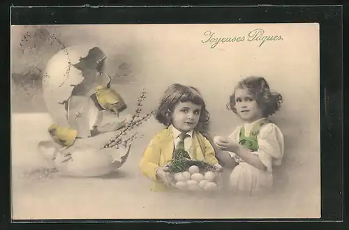 AK Osterküken schlüpfen aus dem Ei, Kinder sammeln die Ostereier ein, Joyeuses Paques!