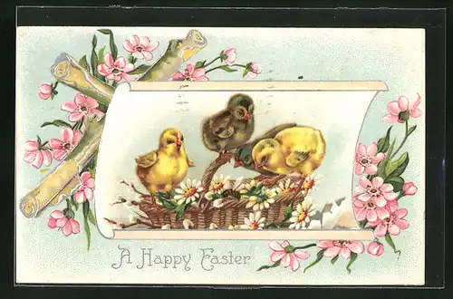 Präge-AK Osterküken tummeln sich auf einem Korb mit Blumen, A Happy Easter!