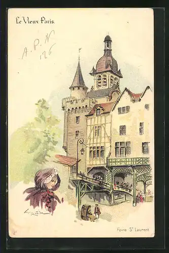 Lithographie Paris, Exposition universelle de 1900, Le Vieux Paris, Chocolat Guérin - Boutron, Foire St. Laurent