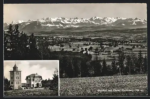 AK Widen, Gasthof und Chalet Hasenberg E. Exer-Fricker, Gesamtansicht mit Bergpanorama
