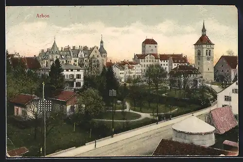 AK Arbon, Ortspartie mit Strasse, Parkanlage und Türmen