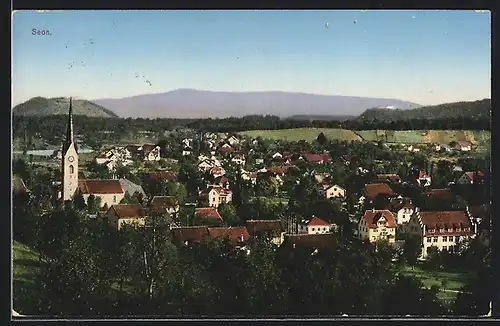 AK Seon, Totalansicht mit Bergpanorama aus der Vogelschau