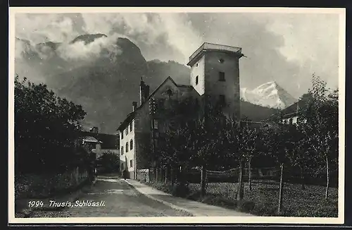 AK Thusis, Schlössli mit Strasse und Bergblick