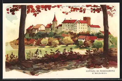 Lithographie Regensberg, Chateau, Schloss im Herbst