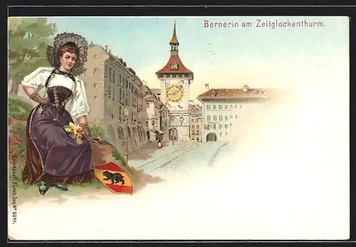 Lithographie Bern, Ortspartie Bernerin am Zeitglockenturm