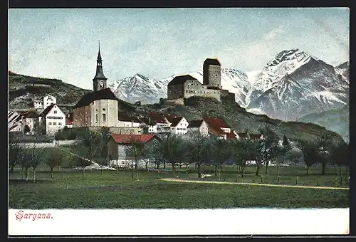 AK Sargans, Ortsansicht mit den Alpen