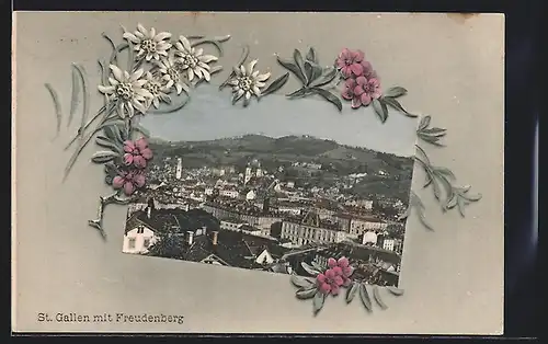 AK St. Gallen, Teilansicht mit Freudenberg, Edelweiss, Passepartout