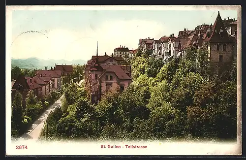 Künstler-AK St. Gallen, Tellstrasse mit Villen