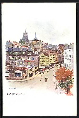 Künstler-AK Lausanne, Strassenpartie mit Blick zur Kathedrale