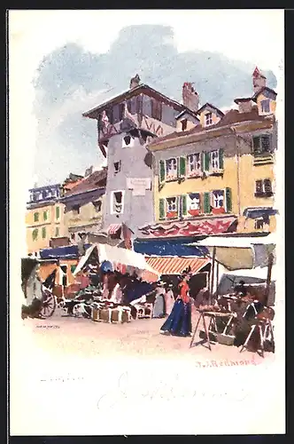 Künstler-AK Bern, Markt und Gebäude