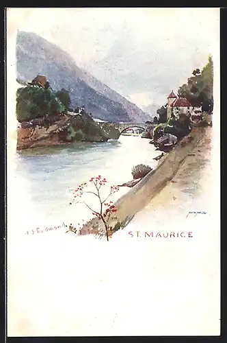 Künstler-AK St. Maurice, Brücke über den Fluss