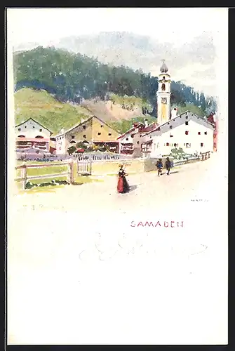 Künstler-AK Samaden, Teilansicht mit Kirche
