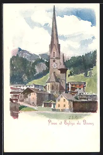Künstler-AK Davos, Place et Eglise