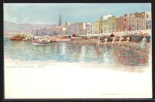Lithographie Napoli, Marinella al Carmine, Strand, Boote