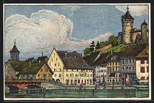 Künstler-AK Schaffhausen, Schifflände mit Burg