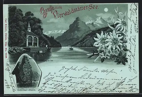 Mondschein-Lithographie Sisikon /Vierwaldstättersee, Tellskapelle, Schiller-Stein