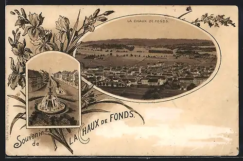 Lithographie La Chaux-de-Fonds, Panorama, Brunnen
