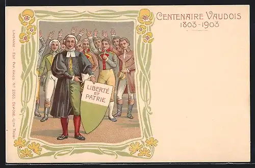 Lithographie Lausanne, Centenaire Vaudois 1803-1903, Gruppe von Herren mit Schild