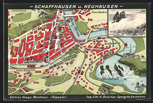 Künstler-AK Schaffhausen, Stadtplan mit Rheinfall, Feuerthalen und Neuhausen
