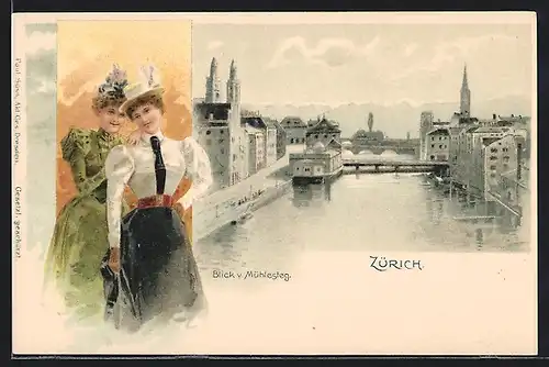 Lithographie Zürich, Blick vom Mühlesteg auf den Ort, Zwei elegante Fräuleins