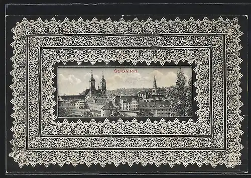 AK St. Gallen, Teilansicht mit Kirche, Spitzenrahmen