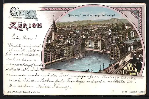 Lithographie Zürich, Blick vom Grossmünster gegen das Limatthal