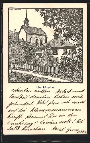 Künstler-AK Uerkheim, Wohnhaus und Kirche, Wohlfahrtskarte zugunsten der Kirchenrenovation