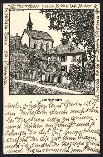 Künstler-AK Uerkheim, Partie mit Wohnhaus und Kirche, Wohlfahrtskarte zugunsten der Kirchenrenovation
