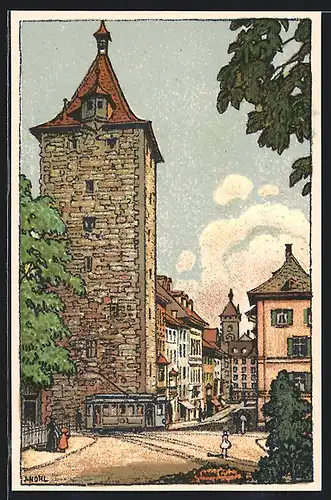 AK Schaffhausen, Strassenbahn am Turm in der Grabenstrasse
