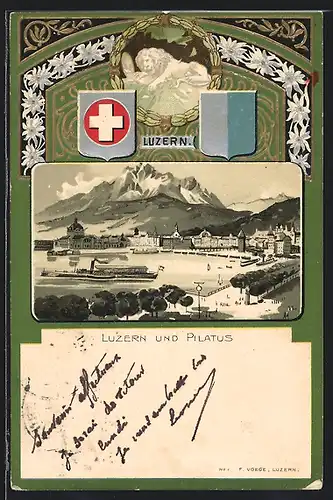 Lithographie Luzern, Ortsansicht mit Dampfer und Pilatus