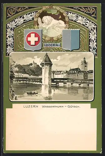 Lithographie Luzern, Wasserthurm Gütsch im Passepartout-Rahmen, Wappen
