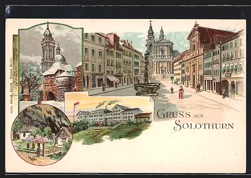 Lithographie Solothurn, Strassenpartie mit Brunnen, Ortspartien