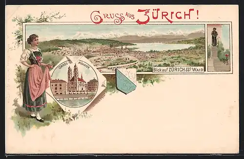 Lithographie Zürich, Panoramablick von der Waid, Grossmünster & Frau in Tracht