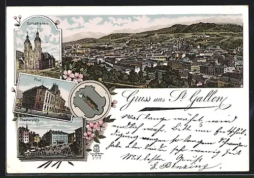 Lithographie St. Gallen, Theaterplatz, Post, Cathedrale