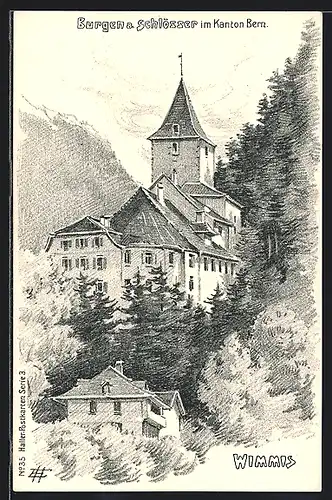 Künstler-AK Wimmis, Blick zum Schloss