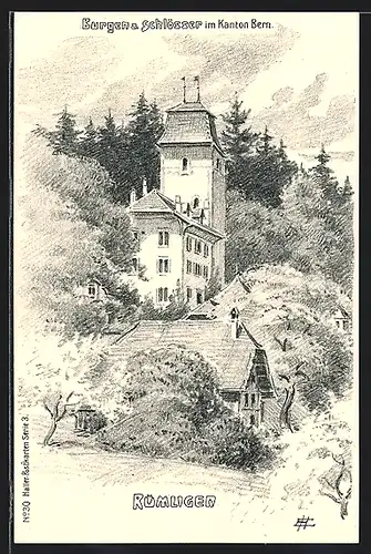 Künstler-AK Rümligen, Blick zum Schloss