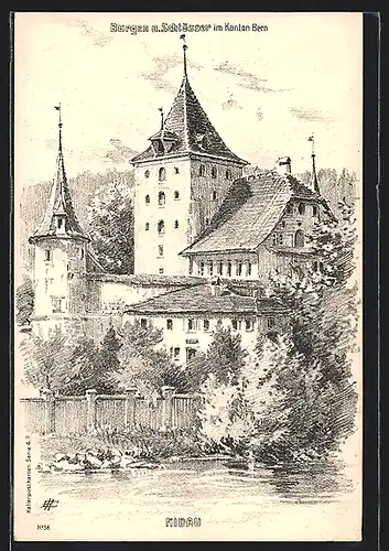 Künstler-AK Nidau, Blick vom Ufer auf das Schloss