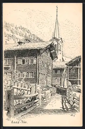 Künstler-AK Saas-Fee, Teilansicht