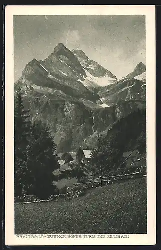 AK Braunwald, Ortspartie mit Orstock, Hohem Turm und Zillibach