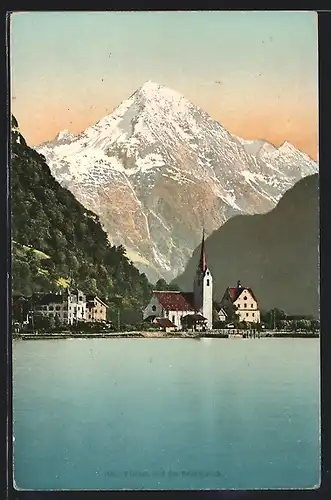 AK Flüelen, Uferpartie mit Kirche und Bristenstock